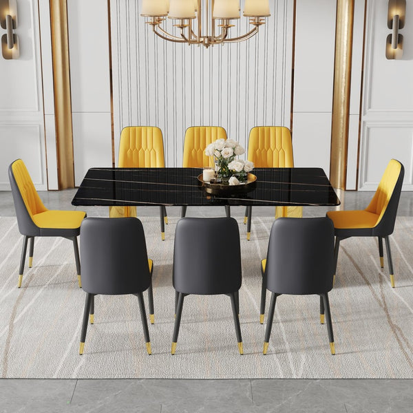 English Elm Table Set With Glass Top & Golden Legs, 8 Ergonomic Pu Dining Chairs In Orange & Dark Gray W1151S04341-GIGA