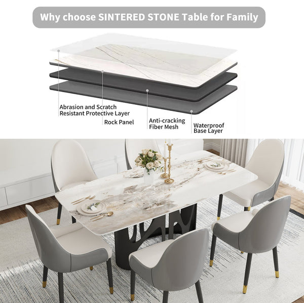 English Elm 70.86" Modern Sintered Stone Dining Table With Curved Edges & Sturdy Black Iron Legs For 6-8 People W1535S00431
