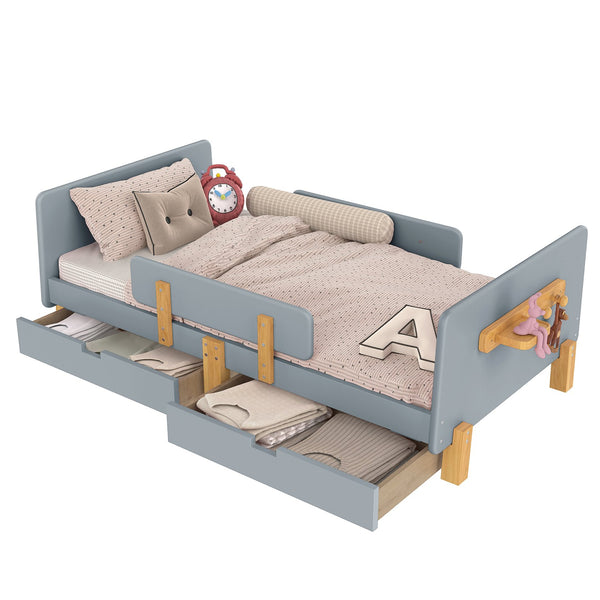 English Elm Twin Low Profile Kids Floor Bed Pine Wood Frame with Safety Rail and Built in Bookshelf Gray W1580P373243