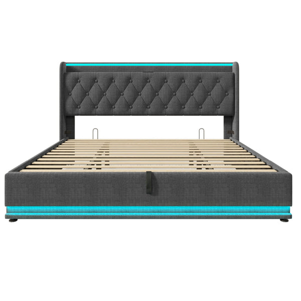 English Elm King Upholstered Bed with Surround LED, App/Remote Control, Hydraulic Storage, USB Type-C Charging Gray N736P188808G