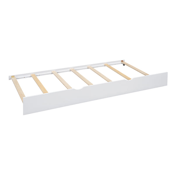 English Elm Wooden Full Size House Bed with Trundle and Built-In Shelves — Modern Pine Frame, Whimsical Roof Design White 57.2 L x 16.25 W x 5.9 H N733S316125K