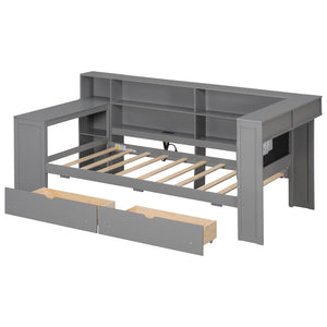 English Elm Wood Twin Size Platform Bed With Storage, Usb Charging, Desk, Led Lighting & Upholstered Headboard N7090001046E-GIGA
