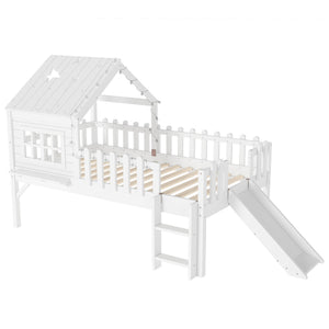 English Elm Twin Playhouse Loft Bed Solid Pine Frame with Slide Led Lights and Star Roof White W5316S00001