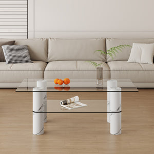 English Elm Modern Minimalist Double Layered Transparent Tempered Glass Coffee Table and Coffee Table, Paired With White Mdf Decorative Columns. Computer Desk. Game Table. Ct-X02