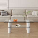 Modern 2-Tier Glass Coffee Table with White MDF Columns, Sturdy Construction - 47.20 x 25.60 x 17.50