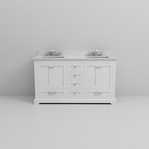 English Elm White Double Bath Vanity 60 in with Carrara Marble Top, Chrome Faucets, Soft-Close Drawers & Ample Storage B2731P258369