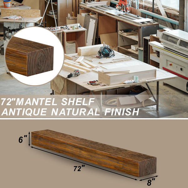 English Elm Fireplace Mantel - 74" Handcrafted Solid Pine Floating Shelf, Dark Chocolate Finish For Stylish Display T3210P391500