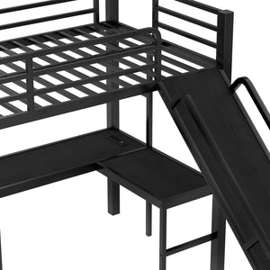 English Elm L-Shaped Triple Bunk Bed With Slide & Usb Ports - Space-Saving Metal Design For Modern Families W1580S00276
