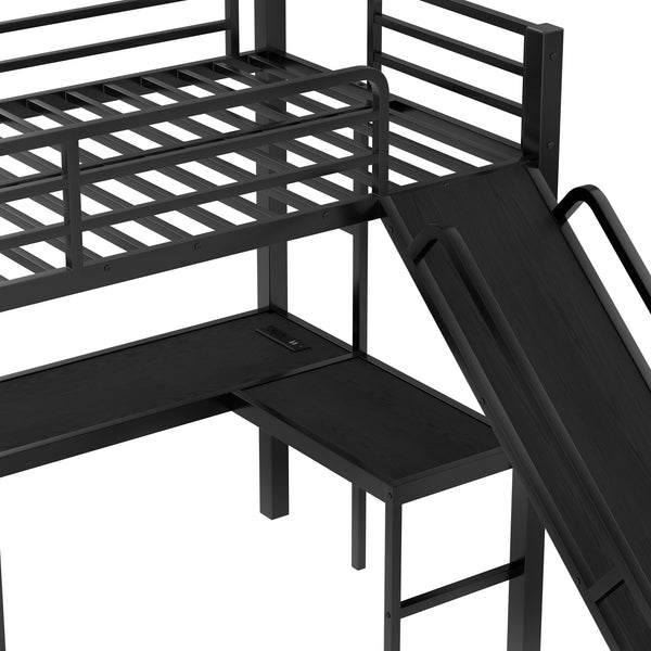 English Elm L-Shaped Triple Bunk Bed With Slide & Usb Ports - Space-Saving Metal Design For Modern Families W1580S00276