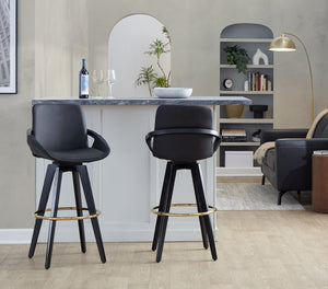 English Elm Fixed-height Swivel Barstools Upholstered Grey Fabric Black Wood Legs Kitchen Set of 2 Black B202S01893