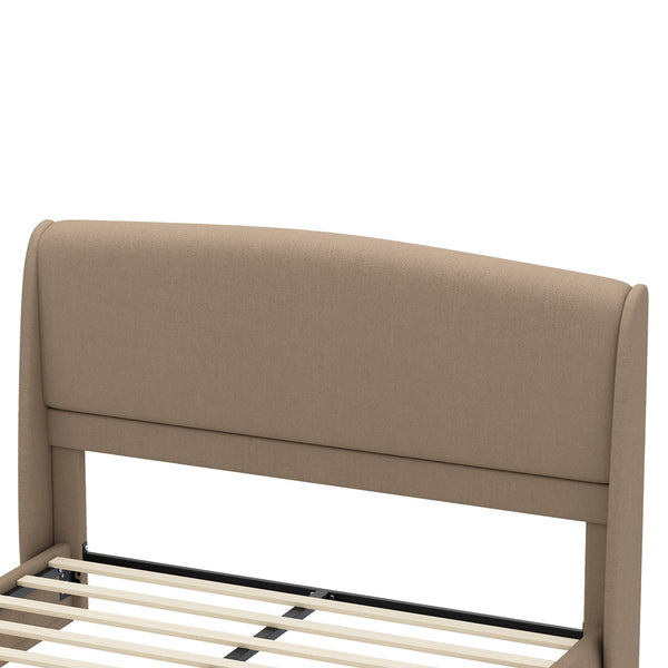 English Elm Upholstered Queen Platform Bed Curved Wingback Linen Headboard Modern Bedroom Frame Brown N733S439498N