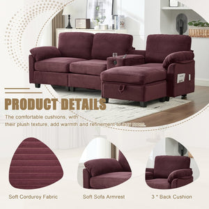 English Elm United L-Shaped Multifunctional Corduroy Sofa: 4-Seater With Usb Ports, Cup Holders & Storage Solutions W1568S00220-GIGA