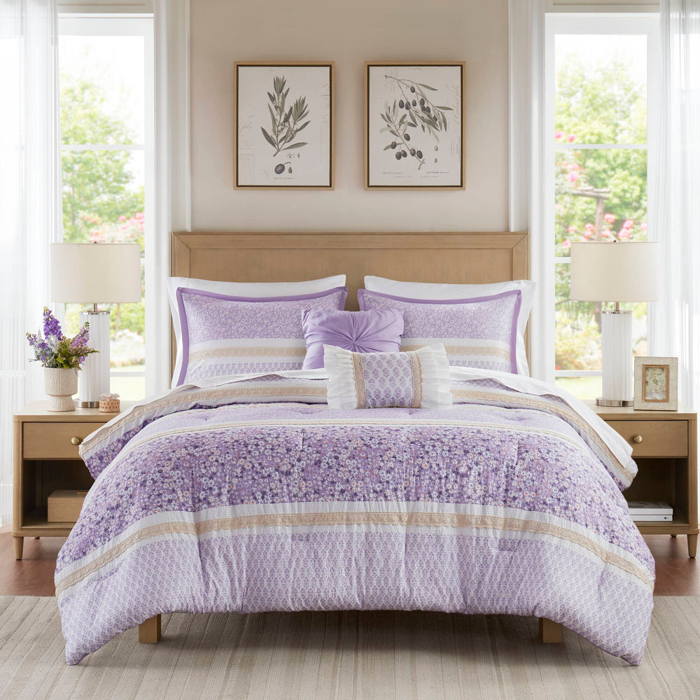 JLA Home Madison Park - 5 Seersucker comforter set with floral lace trims, ruffled pillows, hypoallergenic, cottage charm 90 L x 90 W x 1.5H MP10-8792