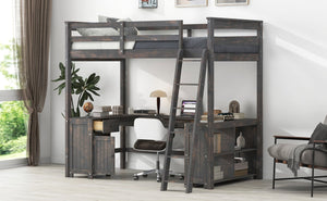 English Elm Full Loft Bed with U-Shaped Workstation, Built-In Drawers, Shelves & Cabinet for Space Saving Antique brown GX001039AAD