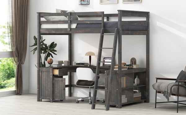English Elm Full Loft Bed with U-Shaped Workstation, Built-In Drawers, Shelves & Cabinet for Space Saving Antique brown GX001039AAD