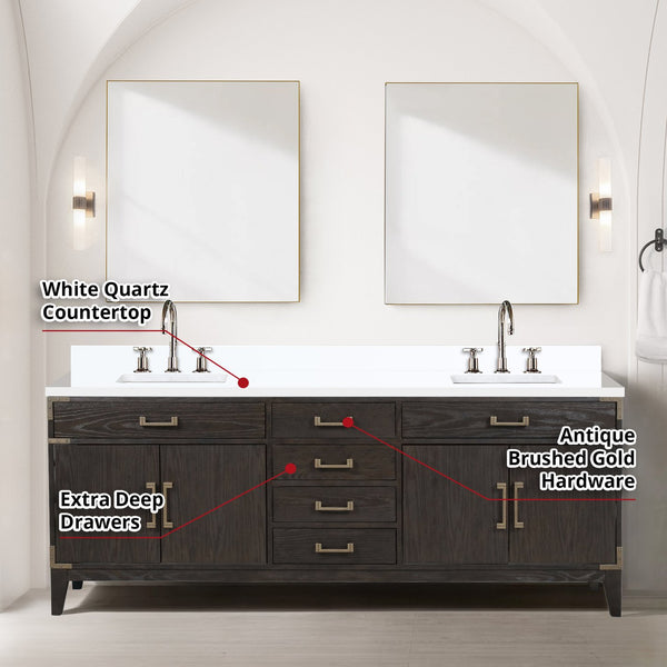 English Elm Brown Oak Double Bath Vanity Set With White Quartz Top, Chrome Faucets & 36" Mirrors For Elegance B2731S01879