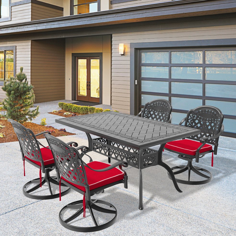 English Elm 5-Piece All-Weather Cast Aluminum Dining Set With Swivel Chairs, Cushions & Stylish Black Frame W1710S00456