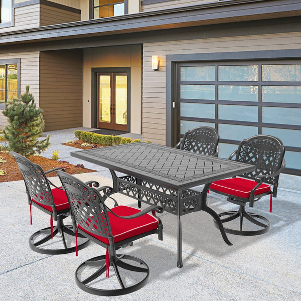 English Elm 5-Piece All-Weather Cast Aluminum Dining Set With Swivel Chairs, Cushions & Stylish Black Frame W1710S00456