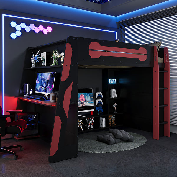 English Elm Full Size Wood Loft Bed with Rgb Lighting Desk Storage and Gaming Console Shelf Red LT000260AAR