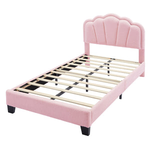 English Elm Twin Flower-Shape Upholstered Bed with LED Headboard, Pink Sherpa Platform Twin Bed for Kids Room Cozy Chic N733P177307H