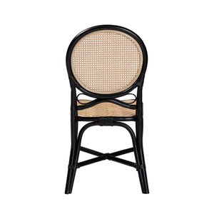 English Elm Mid-century Woven Rattan Dining Chair with Circular Back and Black Lacquered Legs B2750P467659