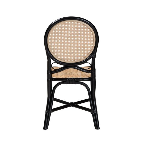 English Elm Mid-century Woven Rattan Dining Chair with Circular Back and Black Lacquered Legs B2750P467659