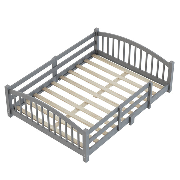 English Elm Full Montessori Pine Wood Floor Bed with Safety Rails Low Profile Kids Room Frame Gray N733P400299E
