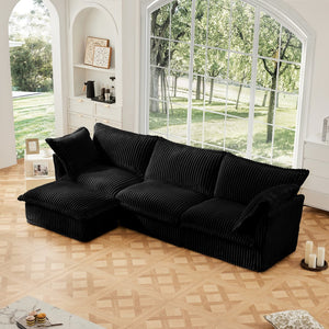 English Elm L-Shaped Slipcovered Sectional Sofa - Modern Black Corduroy Couch With Convertible Ottoman & Pillows W3041S00097