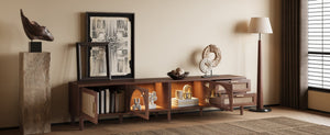 English Elm 86 Inch Rattan Media Console with Led Lighting Two Drawers Modern Living Room Tv Stand N710P438977P
