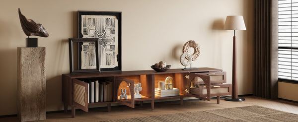 English Elm 86 Inch Rattan Media Console with Led Lighting Two Drawers Modern Living Room Tv Stand N710P438977P