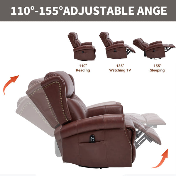 English Elm Heat Massage Rocker Swivel Recliner Genuine Leather Chair with Lumbar Vibration Nodes W3224S00014