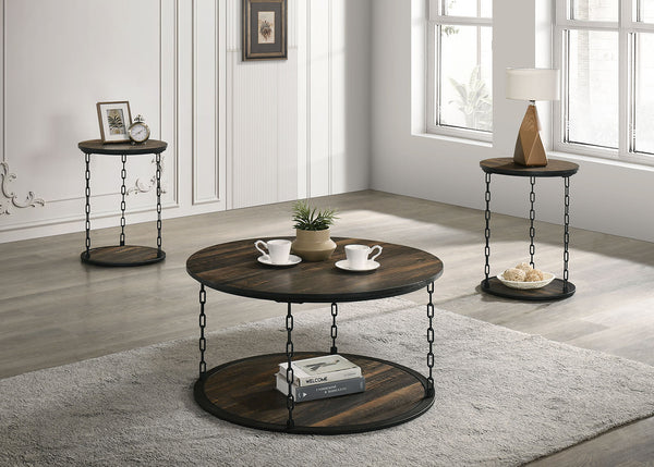 English Elm Rustic 3pc Table Set with Wrought Metal Abstract Side Panels Engineered Wood Tops Durable Charm Dark Brown 42 L x 37 W x 6 H B2741P392071