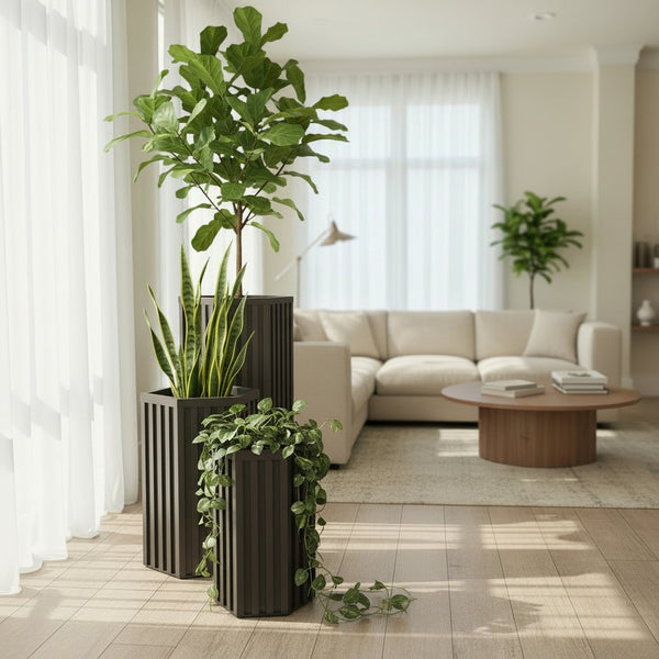 English Elm Hexagon Column Outdoor Planter Aluminum Wood Tone Finish Architectural Patio Accent B2755P499645