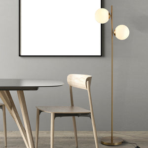English Elm HOMCOM Gold Floor Lamp with 2 Glass Globe Shades, Anti-Skid Base, Footswitch, Modern 65" Tall W2225P217292