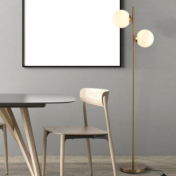 English Elm HOMCOM Gold Floor Lamp with 2 Glass Globe Shades, Anti-Skid Base, Footswitch, Modern 65" Tall W2225P217292