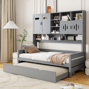 English Elm Twin Size Wooden Daybed With Trundle, Integrated Storage Cabinet & Shelves For Kids' Rooms, Gray N820S00026E-GIGA
