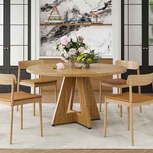 English Elm 47" Round Wood Dining Table Seats Six with Industrial Metal Base for Modern Homes Walnut T3623P433915