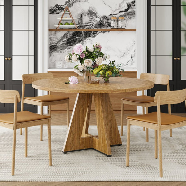 English Elm 47" Round Wood Dining Table Seats Six with Industrial Metal Base for Modern Homes Walnut T3623P433915