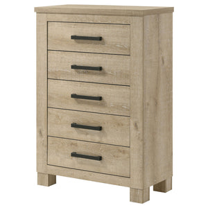 English Elm Sansome Weathered Oak 5-Drawer Chest of Drawers with Dark Bar Pulls, Spacious Top & Compact Footprint B062P378348