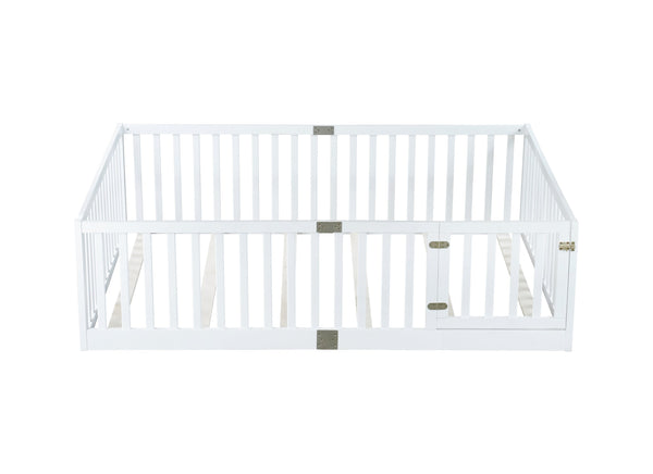 English Elm Twin Floor Bed Solid Rubber Wood with Tall Safety Railings for Toddler Sleep White W504P287658