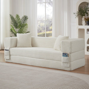 English Elm Modern Cord Fabric Convertible Sofa Sleeper Low Profile Square Frame for Apartments White W3396P439850