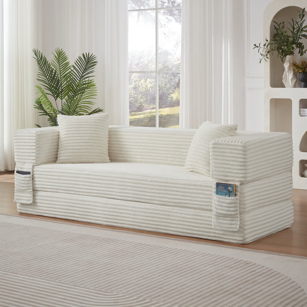English Elm Modern Cord Fabric Convertible Sofa Sleeper Low Profile Square Frame for Apartments White W3396P439850