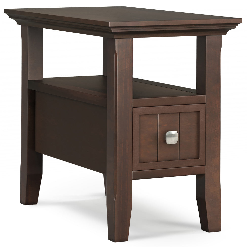 English Elm Acadian Solid Wood Narrow Side Table with Drawer Brunette Brown — Handcrafted, Tapered Legs, Shelf, 24" D x 14" W x 20" H B136P203467