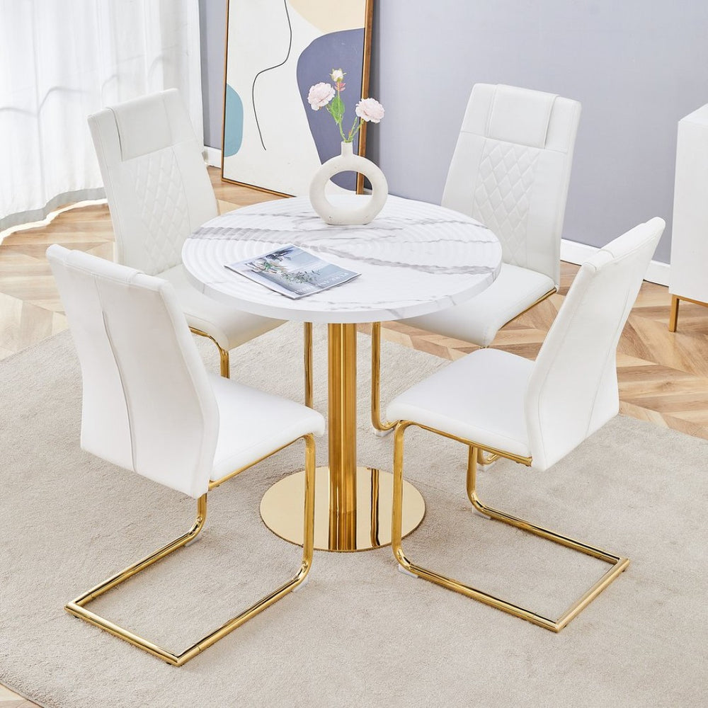 English Elm Table 5-Piece Set: Elegant White Marble Round Dining Table With Gold Legs & 4 Pu Upholstered Chairs W1151S02491-GIGA