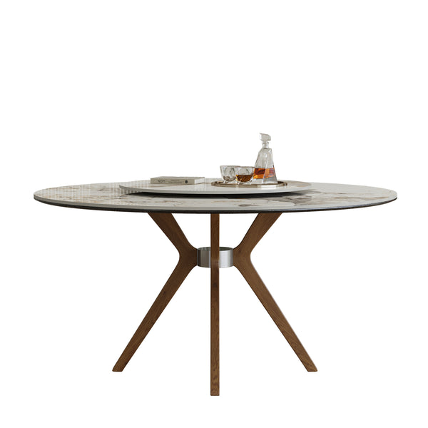 English Elm 59-Inch Modern Sintered Stone Dining Table With Turntable, Seats 6-8, Stylish Walnut Base Design W509S00133
