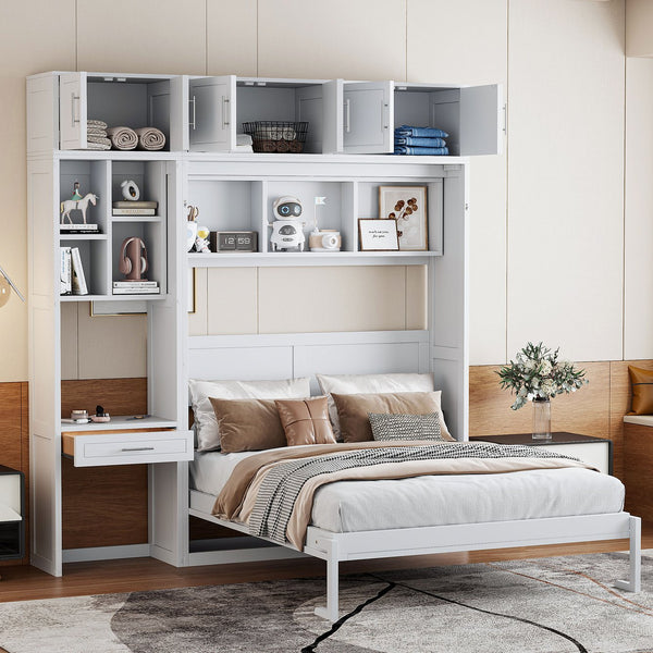 English Elm Queen Murphy Bed with Integrated Desk Cabinet Shelves Space Saving Studio Solution White N708S00021K-1