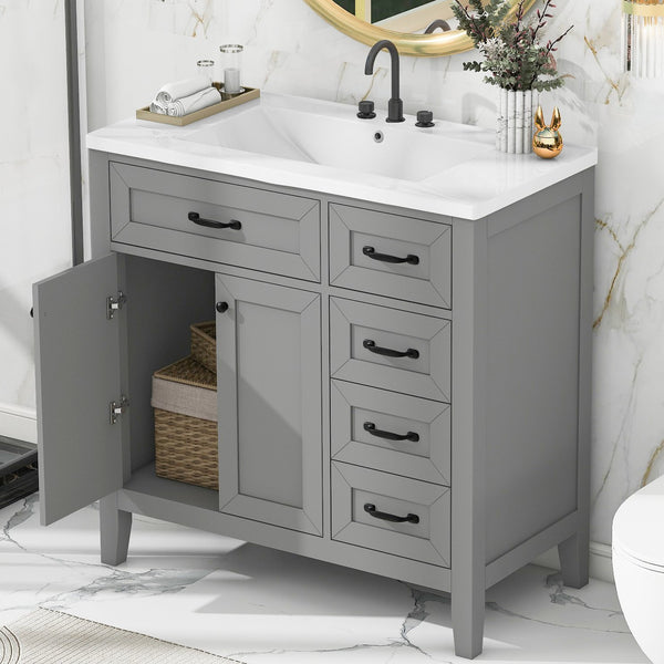 English Elm 36" Stylish Gray Bathroom Vanity With Sink Combo - Durable, Space-Saving Storage Solution For Your Home N725P246491E