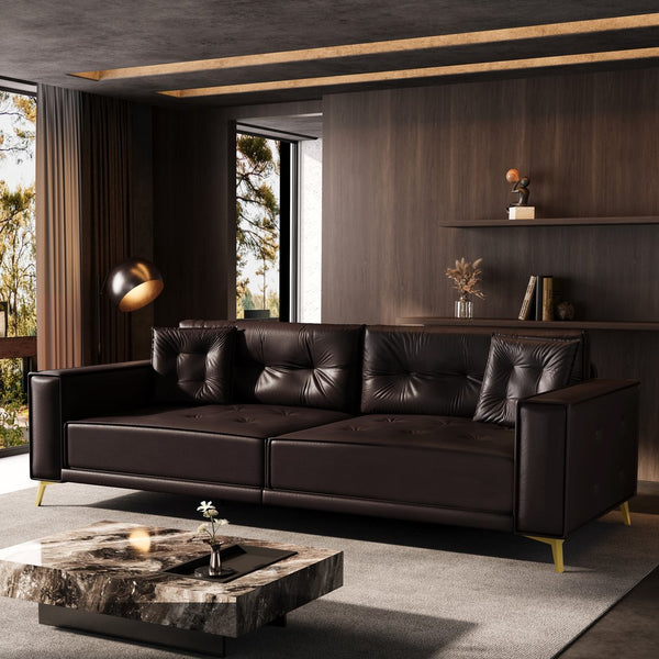 English Elm 92.1"King 3-in-1 Convertible Sleeper Sofa Bed with Tufted Faux Leather, Ultra-Wide Arms, 4-Seater Couch Dark Brown W1885S00210