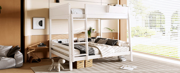 English Elm Queen Over Bunk Bed Pine Frame with Built in Shelving Detachable Vintage Style White W5316S00014