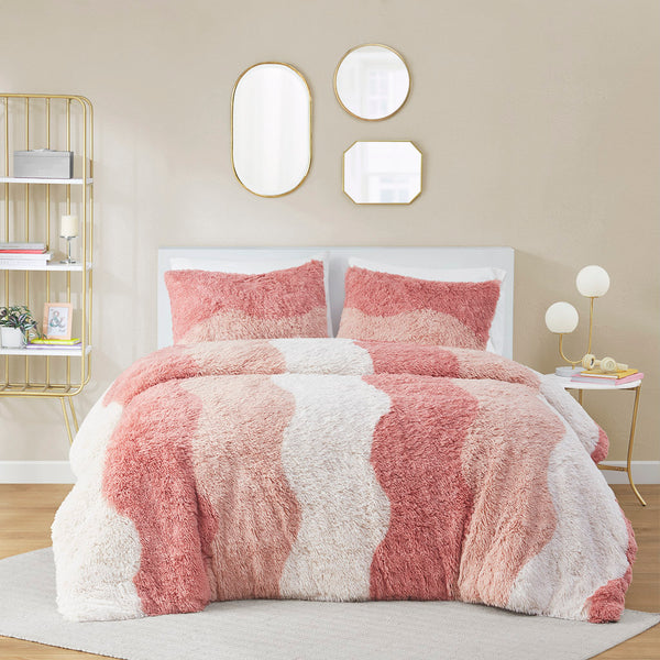 JLA Home Intelligent Design - Ombre Shaggy Faux Fur Duvet Cover Set with Tonal Wave-Striped Ombre, Reversible Blush, Antimicrobial Finish 90 L x 68 W x 0.13H ID12-2358